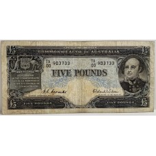 AUSTRALIA 1954 . FIVE 5 POUND BANKNOTE . FIRST PREFIX